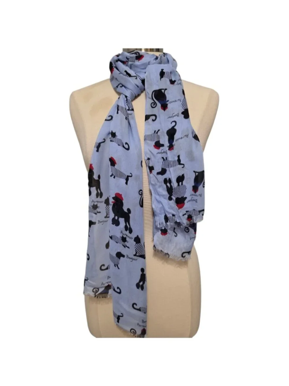 Talbots Paris Bonjour Au Revoir Dog Cat Print Scarf Blue Viscose Wrap Shawl